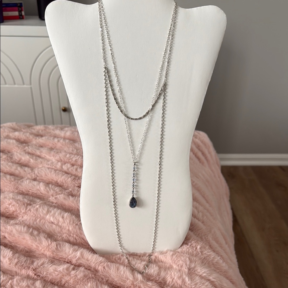 Touchstone “Tri-Me” Layered Necklace - Rhodium Finish Sapphire Crystal Drop.